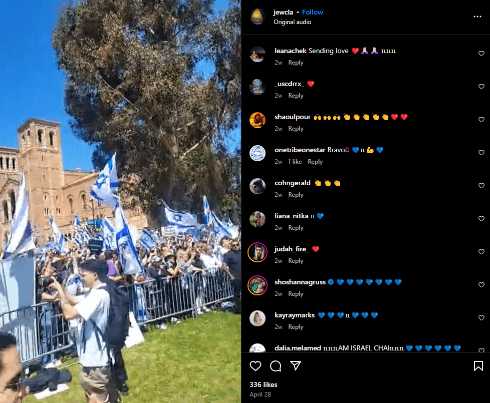 Chabad House Instagram posts in support of pro-Israel counter protest