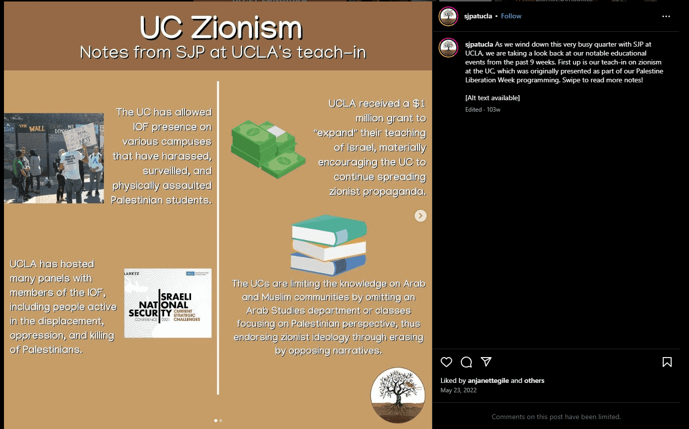 SJP Instagram post about “Zionism” teach-in